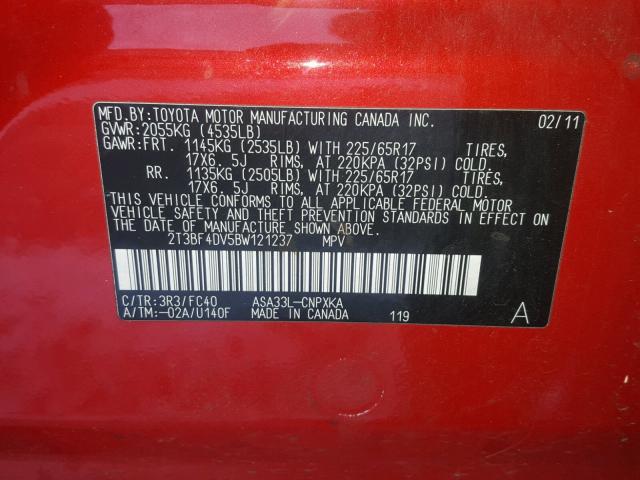 2T3BF4DV5BW121237 - 2011 TOYOTA RAV4 RED photo 10