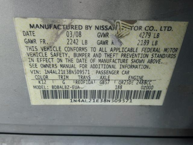 1N4AL21E38N509571 - 2008 NISSAN ALTIMA 2.5 SILVER photo 10