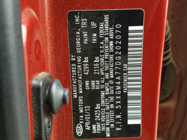 5XXGM4A77DG202070 - 2013 KIA OPTIMA LX RED photo 10