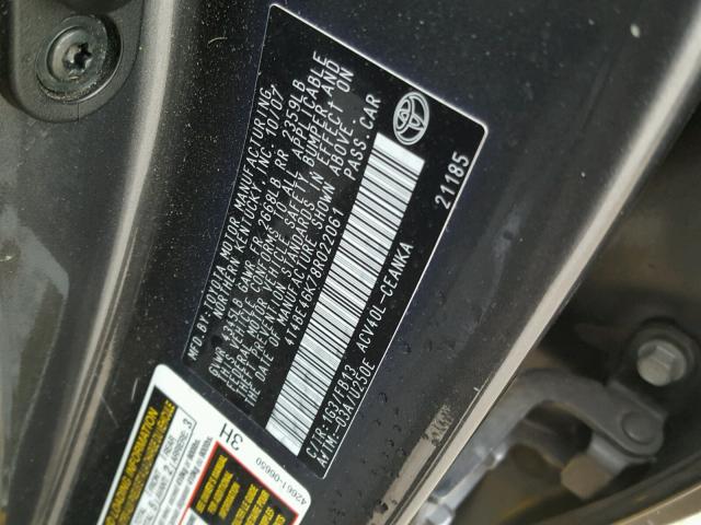 4T4BE46K78R022061 - 2008 TOYOTA CAMRY CE GRAY photo 10