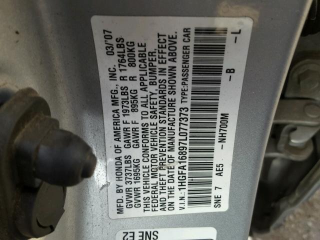 1HGFA16897L077373 - 2007 HONDA CIVIC EX GRAY photo 10