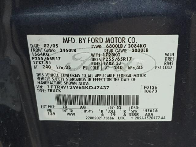 1FTRW12W65KD47437 - 2005 FORD F150 SUPER TWO TONE photo 10