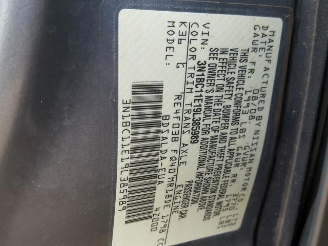 3N1BC11E19L385989 - 2009 NISSAN VERSA S GRAY photo 10