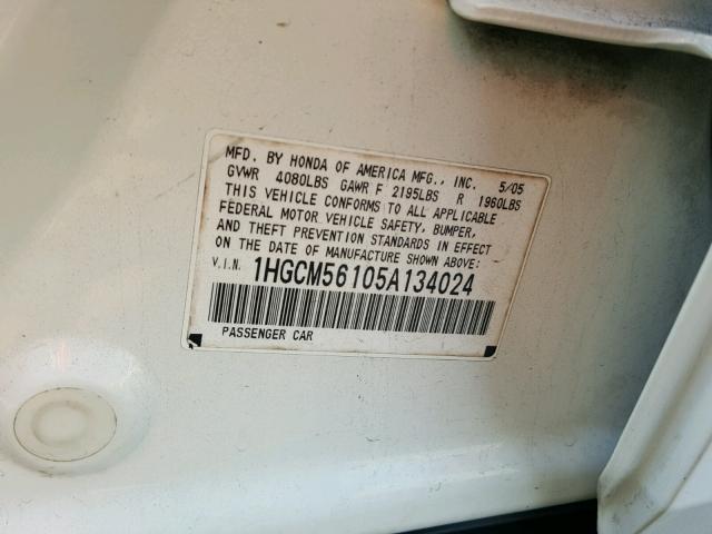 1HGCM56105A134024 - 2005 HONDA ACCORD DX WHITE photo 10