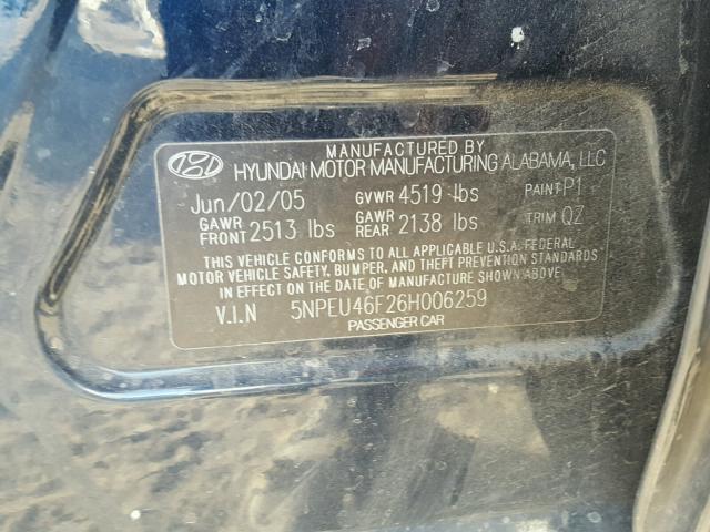 5NPEU46F26H006259 - 2006 HYUNDAI SONATA GLS BLUE photo 10