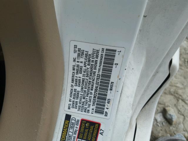 1HGEM22984L027633 - 2004 HONDA CIVIC EX 白色 照片 10