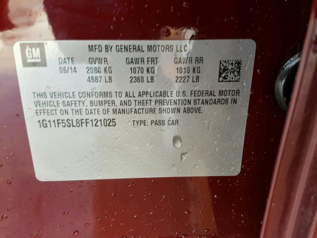 1G11F5SL8FF121025 - 2015 CHEVROLET MALIBU LTZ 红色 照片 10