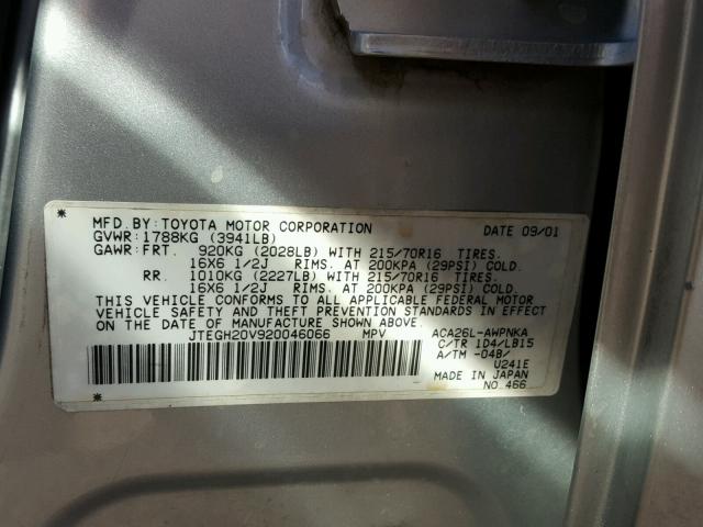 JTEGH20V920046066 - 2002 TOYOTA RAV4 SILVER photo 10