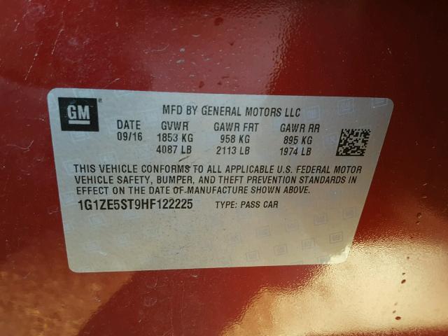 1G1ZE5ST9HF122225 - 2017 CHEVROLET MALIBU LT MAROON photo 10