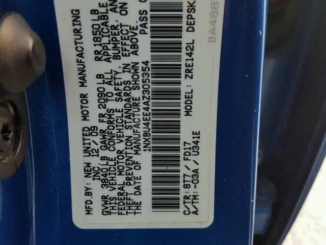 1NXBU4EE4AZ305354 - 2010 TOYOTA COROLLA BA BLUE photo 10