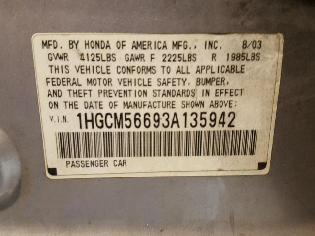 1HGCM56693A135942 - 2003 HONDA ACCORD EX SILVER photo 10