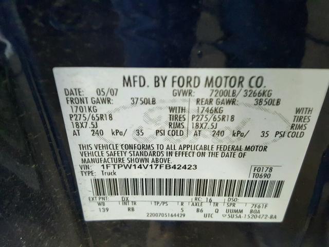 1FTPW14V17FB42423 - 2007 FORD F150 SUPER BLUE photo 10