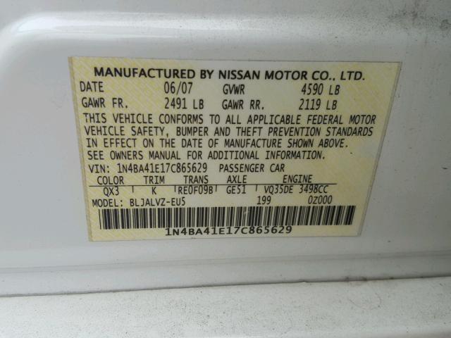 1N4BA41E17C865629 - 2007 NISSAN MAXIMA SE WHITE photo 10