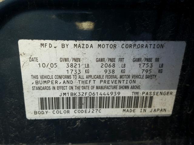 JM1BK32F061444939 - 2006 MAZDA 3 I CHARCOAL photo 10