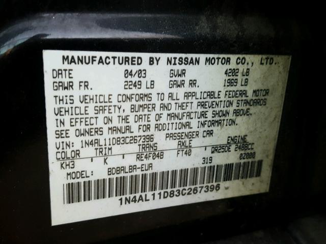 1N4AL11D83C267396 - 2003 NISSAN ALTIMA BAS BLACK photo 10