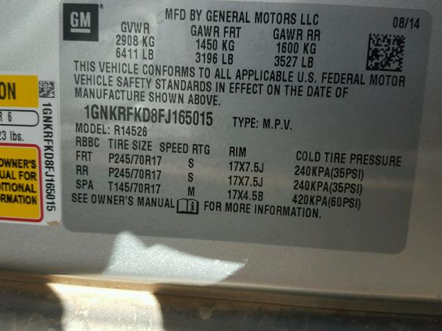 1GNKRFKD8FJ165015 - 2015 CHEVROLET TRAVERSE L SILVER photo 10