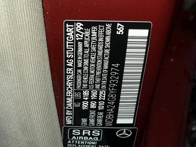 WDBHA24G8YF932974 - 2000 MERCEDES-BENZ C 230 MAROON photo 10