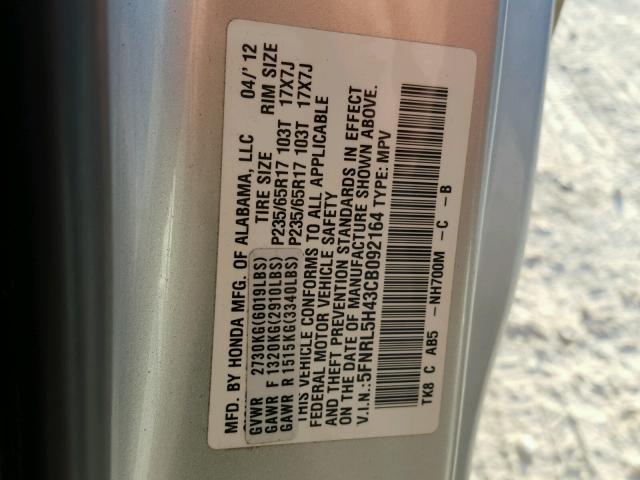 5FNRL5H43CB092164 - 2012 HONDA ODYSSEY EX SILVER photo 10