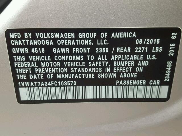 1VWAT7A34FC103570 - 2015 VOLKSWAGEN PASSAT S Արծաթագույն լուսանկար 10