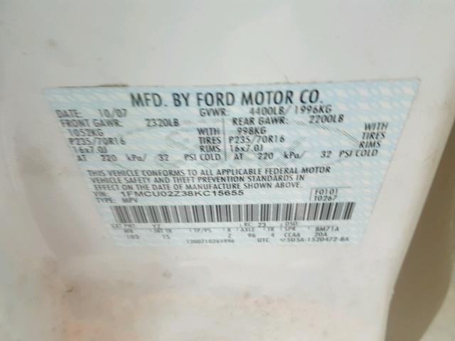 1FMCU02Z38KC15655 - 2008 FORD ESCAPE XLS WHITE photo 10