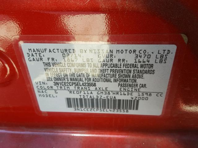 3N1CE2CP5EL423558 - 2014 NISSAN VERSA NOTE RED photo 10