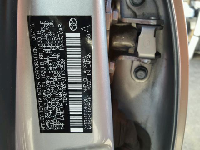 JTDKDTB37G1130528 - 2016 TOYOTA PRIUS C SILVER photo 10