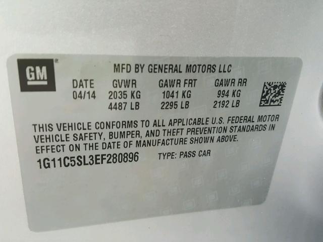 1G11C5SL3EF280896 - 2014 CHEVROLET MALIBU 1LT 银色 照片 10