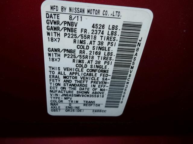 JN8AS5MV9CW355918 - 2012 NISSAN ROGUE S RED photo 10