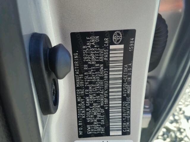 4T1BF1FK1HU318831 - 2017 TOYOTA CAMRY LE ვერცხლისფერი ფოტო 10