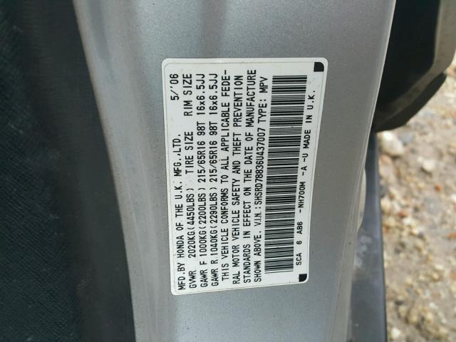 SHSRD78836U437007 - 2006 HONDA CR-V EX SILVER photo 10