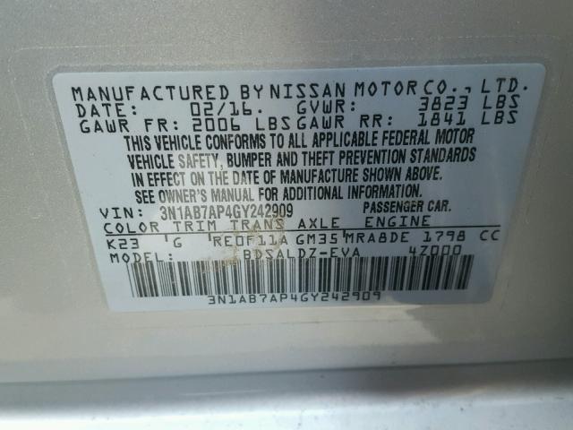 3N1AB7AP4GY242909 - 2016 NISSAN SENTRA S SILVER photo 10