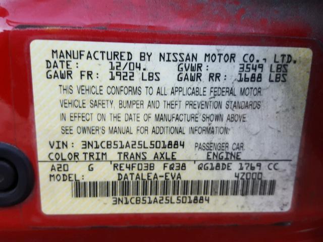 3N1CB51A25L501884 - 2005 NISSAN SENTRA 1.8 RED photo 10