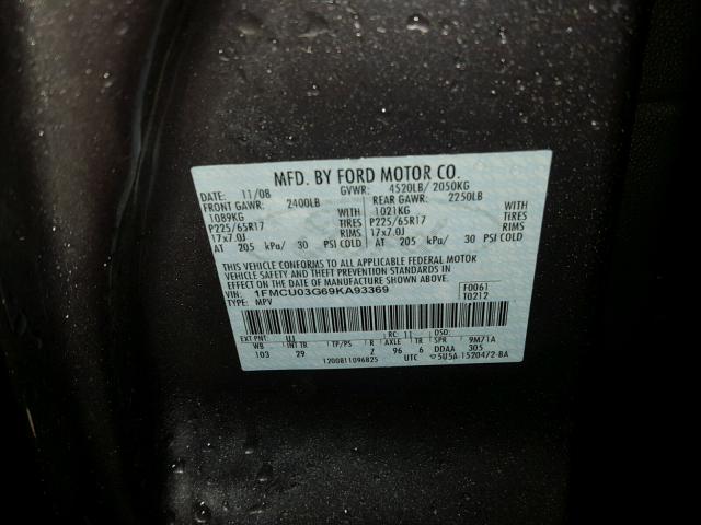 1FMCU03G69KA93369 - 2009 FORD ESCAPE XLT GRAY photo 10