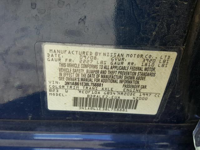 3N1AB61E38L758881 - 2008 NISSAN SENTRA 2.0 BLUE photo 10