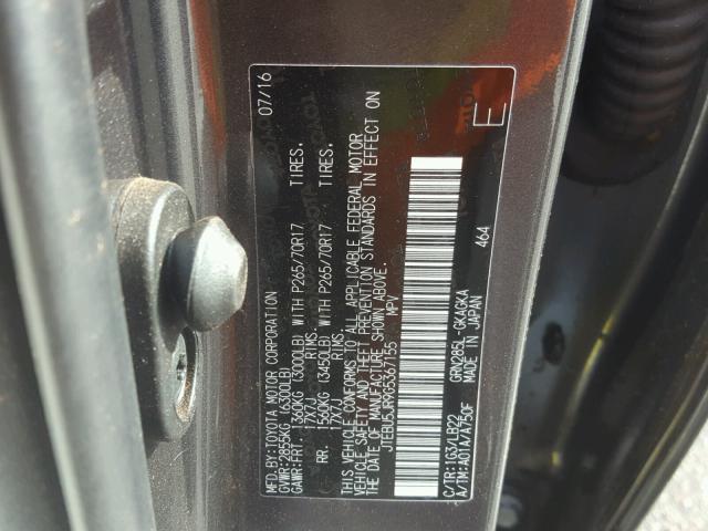 JTEBU5JR9G5367155 - 2016 TOYOTA 4RUNNER SR GRAY photo 10