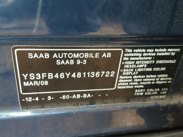 YS3FB46Y481136722 - 2008 SAAB 9-3 2.0T BLUE photo 10