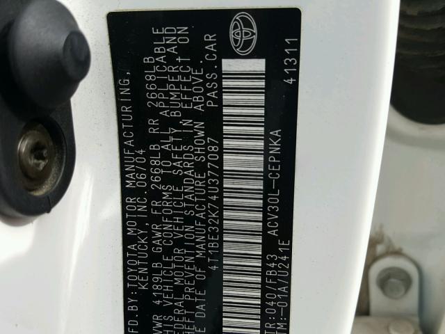 4T1BE32K74U377087 - 2004 TOYOTA CAMRY LE WHITE photo 10