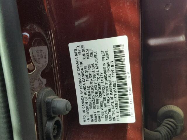 2HKRM3H37FH554823 - 2015 HONDA CR-V LX RED photo 10