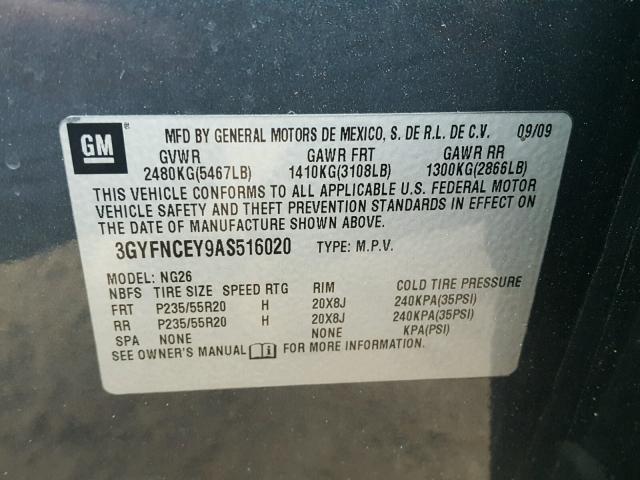 3GYFNCEY9AS516020 - 2010 CADILLAC SRX PREMIU GRAY photo 10