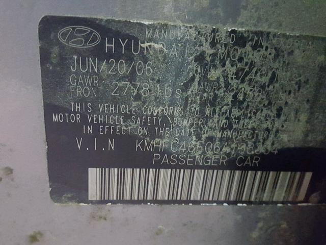 KMHFC46F06A138334 - 2006 HYUNDAI AZERA SE GRAY photo 10