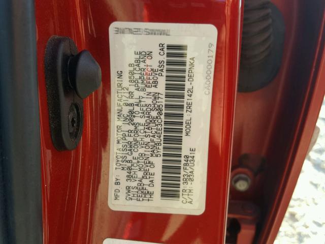 5YFBU4EE3CP005177 - 2012 TOYOTA COROLLA BA RED photo 10