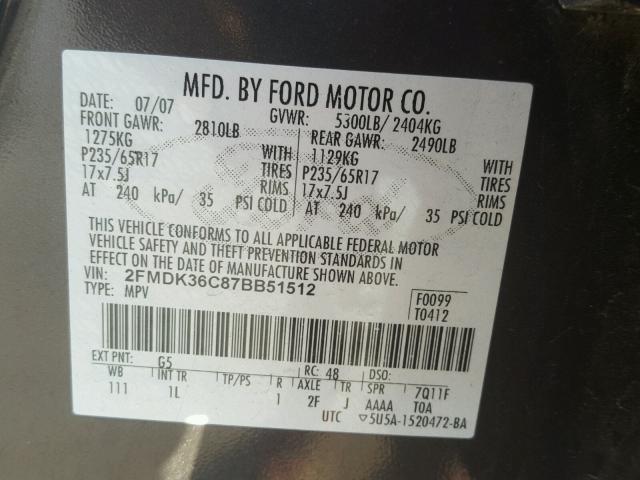 2FMDK36C87BB51512 - 2007 FORD EDGE SE BLACK photo 10