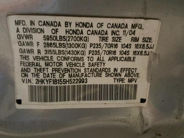 2HKYF18155H522993 - 2005 HONDA PILOT LX SILVER photo 10