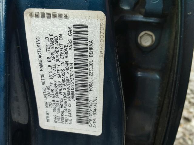 1NXBR12E5YZ327104 - 2000 TOYOTA COROLLA VE BLUE photo 10