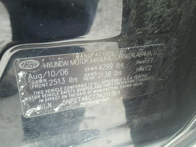 5NPET46C77H211764 - 2007 HYUNDAI SONATA GLS BLACK photo 10