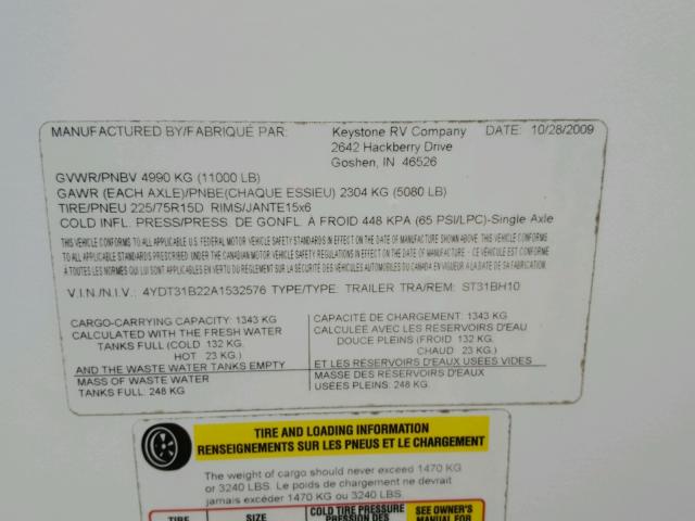 4YDT31B22A1532576 - 2010 KEYSTONE SPRINTER WHITE photo 8