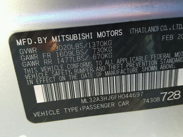 ML32A3HJ6FH044697 - 2015 MITSUBISHI MIRAGE DE SILVER photo 10