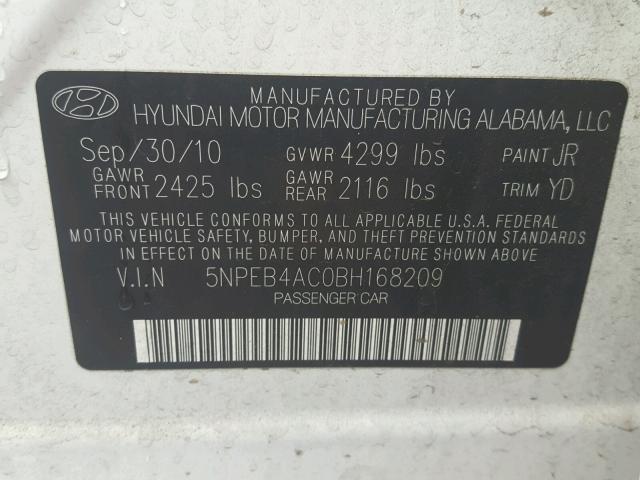 5NPEB4AC0BH168209 - 2011 HYUNDAI SONATA GLS WHITE photo 10