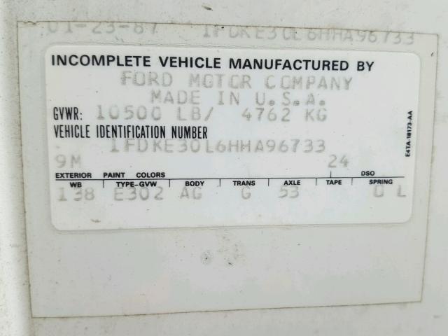 1FDKE30L6HHA96733 - 1987 FORD E350 WHITE photo 10