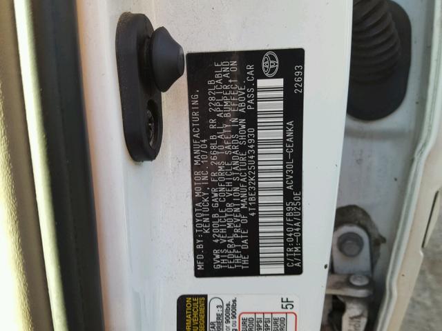 4T1BE32K25U434930 - 2005 TOYOTA CAMRY LE WHITE photo 10